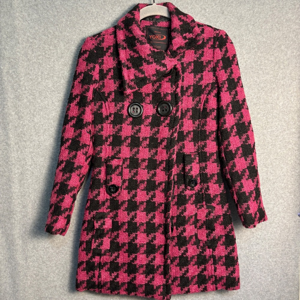 Yoki New York Houndstooth Peacoat Small Pink Black Wool Blend Double Breasted